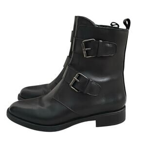 Emmanuele Crasto Black Leather Moto Boots Women 39 / 8.5 Buckle Zip Italy Made